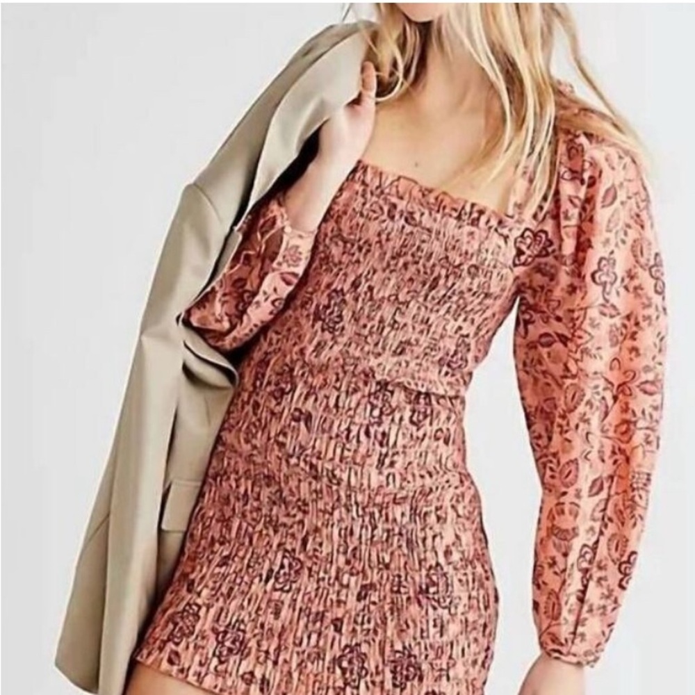 FREE PEOPLE XS Apricot Combo Smock It To Me Mini Dress